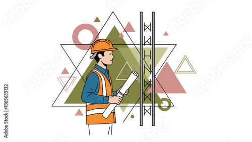 Construction worker in orange safety vest holding blueprints and wearing a hard hat.