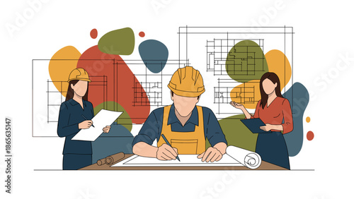 Architects and engineers working together on construction blueprints and designs.