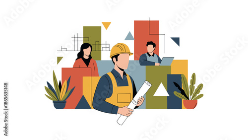 Construction worker holding blueprints with colleagues in background vector illustration.