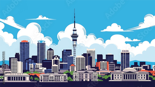 Auckland city postcard vector illustration with waterfront skyline in flat solid colors, clean modern travel poster style designed for tourism and wall decor