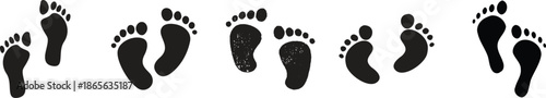 Foot Print Icon set. Foot imprint, footsteps collection. Human footprints silhouette. Barefoot, sneaker and shoes footsteps. Silhouette of barefoot soles with toes, walking steps concept.