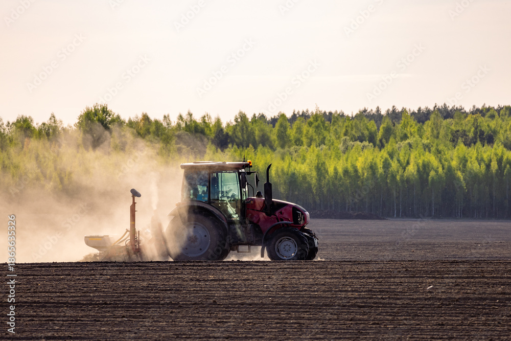 Obraz premium Tractor plowing field at sunset. Red tractor plowing, cultivating soil. Plow on plowed. Farm tractor on cultivated field for sowing seeds. Grain deal on field cultivation. Plowed field.