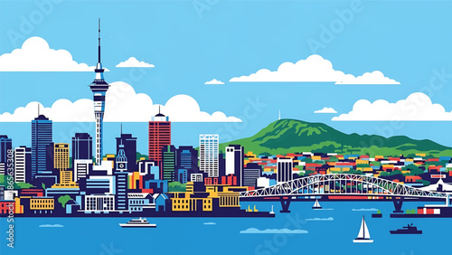 Auckland city postcard vector illustration with waterfront skyline in flat solid colors, clean modern travel poster style designed for tourism and wall decor