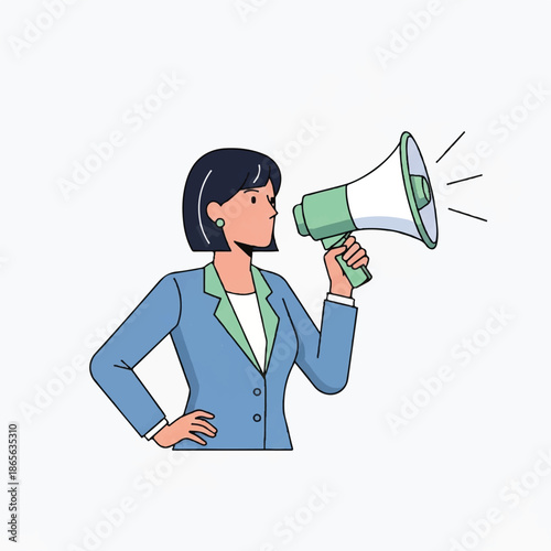A woman holding a megaphone and making an announcement to the public with confidence and authority in a professional setting