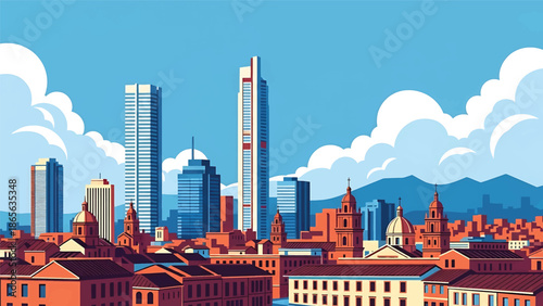 Bogotá city postcard vector illustration with dense urban skyline in flat solid colors, energetic travel poster style designed for tourism, wall art, and branding