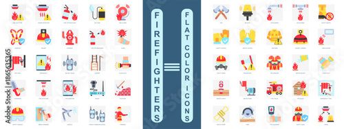 Firefighters flat color icons set. contain fire truck, fire detector, fire hose, safety mask, water supply, hydrant and more. Vector for modern concept, print, UI, UX kit, web and app development.
