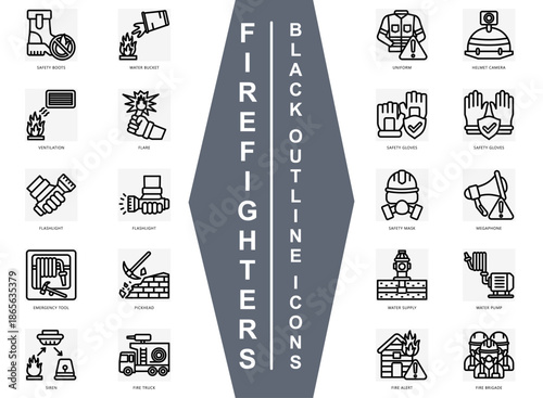 Firefighters black outline icons set. contain fire truck, safety boots, uniform, safety mask, water supply, fire alert and more. Vector for modern concept, print, UI, UX kit, web and app development.
