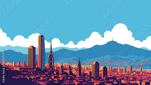 Bogotá city postcard vector illustration with dense urban skyline in flat solid colors, energetic travel poster style designed for tourism, wall art, and branding