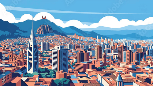 Bogotá city postcard vector illustration with dense urban skyline in flat solid colors, energetic travel poster style designed for tourism, wall art, and branding