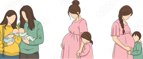 Pregnant Mother with Children and Newborn Baby Family Love Maternity Care Flat Vector Illustration on White Background