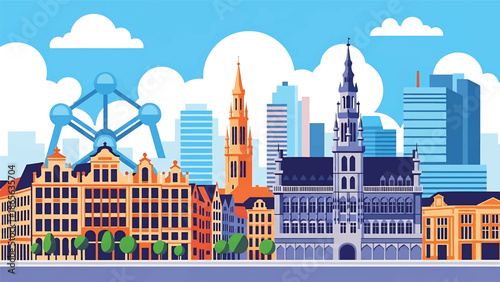 Brussels city postcard vector illustration with classic urban architecture in flat solid colors, elegant travel poster style suitable for tourism, wall art, and print design