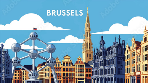 Brussels city postcard vector illustration with classic urban architecture in flat solid colors, elegant travel poster style suitable for tourism, wall art, and print design
