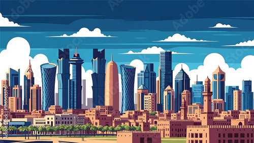 Doha city postcard vector illustration with modern skyline and waterfront in flat solid colors, luxury travel poster style ideal for tourism and corporate branding