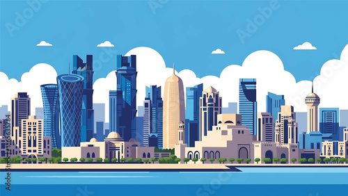 Doha city postcard vector illustration with modern skyline and waterfront in flat solid colors, luxury travel poster style ideal for tourism and corporate branding
