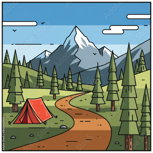 Red Tent in Forest Near Mountain.