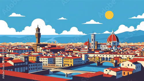 Florence city postcard vector illustration with classic skyline and historic architecture in flat solid colors, refined travel poster design for tourism and interior wall art