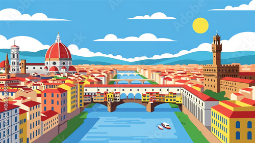 Florence city postcard vector illustration with classic skyline and historic architecture in flat solid colors, refined travel poster design for tourism and interior wall art