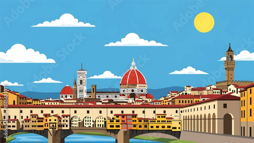 Florence city postcard vector illustration with classic skyline and historic architecture in flat solid colors, refined travel poster design for tourism and interior wall art