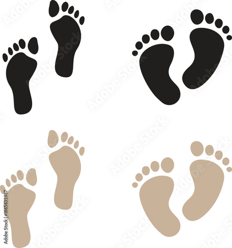 Foot Print Icon set. Foot imprint, footsteps collection. Human footprints silhouette. Barefoot, sneaker and shoes footsteps. Silhouette of barefoot soles with toes, walking steps concept.