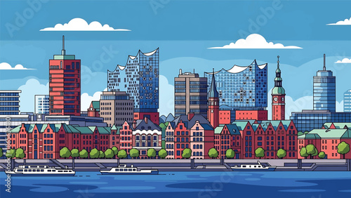 Hamburg city postcard vector illustration with waterfront skyline and modern architecture in flat solid colors, clean travel poster design ideal for tourism and wall decor