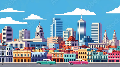 Havana city postcard vector illustration with colorful historic streets in flat solid colors, retro travel poster style perfect for tourism, souvenirs, and wall decor