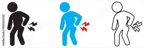 Person Icon Experiencing Lower Back Pain. Minimal icon illustration of a person holding the lower back, blue, representing pain, injury, or spinal discomfort for health and medical concepts.

