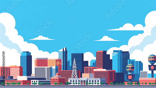 Las Vegas city postcard vector illustration with vibrant skyline and entertainment landmarks in flat solid colors, bold modern style perfect for travel posters, tourism ads, and wall decor