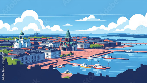 Helsinki city postcard vector illustration with coastal skyline and clean architecture in flat solid colors, modern travel poster design for tourism and branding