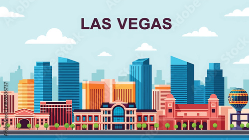 Las Vegas city postcard vector illustration with vibrant skyline and entertainment landmarks in flat solid colors, bold modern style perfect for travel posters, tourism ads, and wall decor