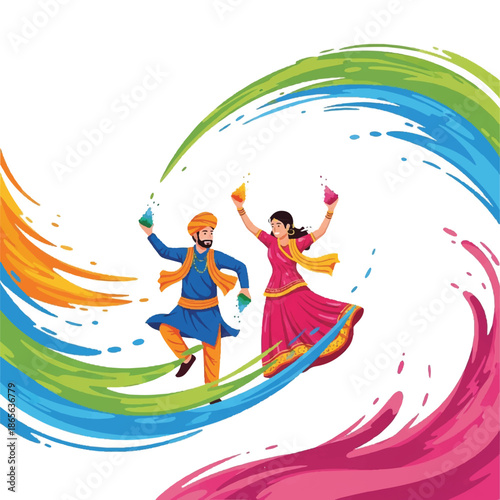 Vibrant couple dancing together surrounded by colorful swirling shapes and powders