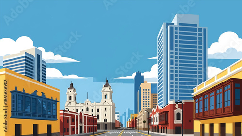Lima city postcard vector illustration with coastal skyline and urban architecture in flat solid colors, modern travel poster design for tourism and commercial use