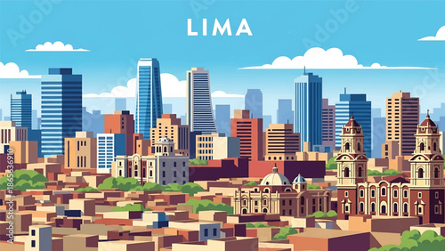 Lima city postcard vector illustration with coastal skyline and urban architecture in flat solid colors, modern travel poster design for tourism and commercial use