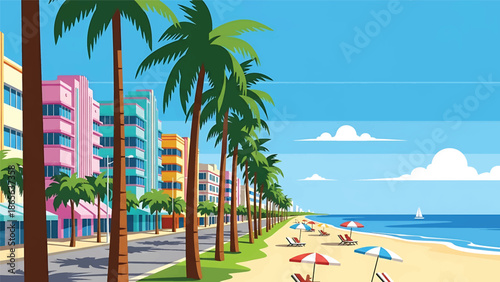 Miami city postcard vector illustration with coastal skyline and palm-lined streets in flat solid colors, clean modern style ideal for travel posters, postcards, and lifestyle branding