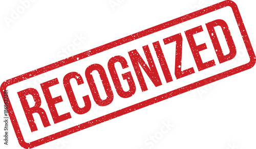 Red grunge rubber stamp impression with a rectangular border displaying the word recognized