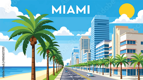 Miami city postcard vector illustration with coastal skyline and palm-lined streets in flat solid colors, clean modern style ideal for travel posters, postcards, and lifestyle branding