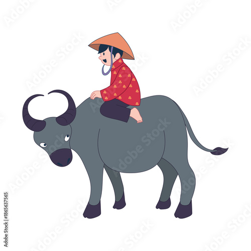 A Vietnamese boy wearing a traditional conical hat (non la) riding a large water buffalo. Modern flat vector illustration representing rural life and culture in Southeast Asia