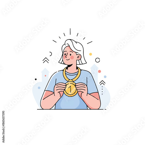 A young woman proudly holding a gold medal with a beaming smile