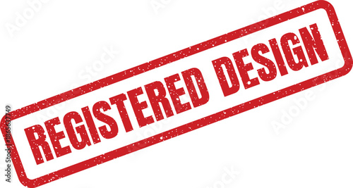 Red grunge rubber stamp with REGISTERED DESIGN text in a diagonal orientation, showing a textured effect