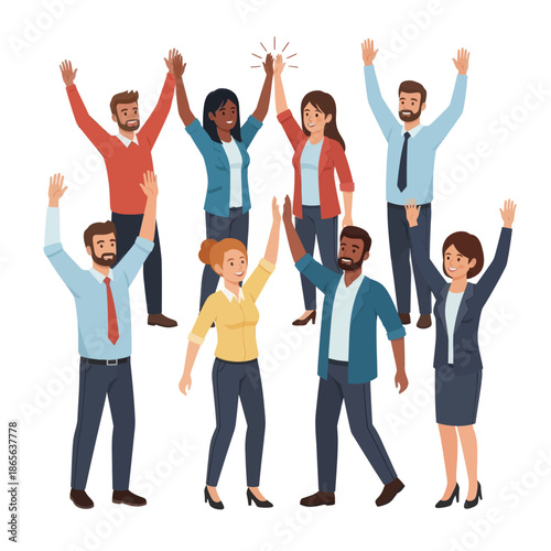 Diverse business team celebrating success with raised hands