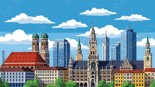 Munich city postcard vector illustration with modern and historic architecture in flat solid colors, clean professional travel poster style for tourism and branding use