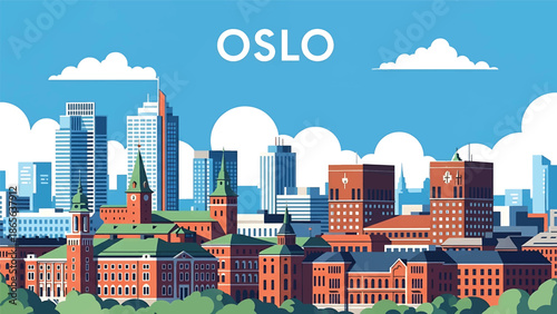 Oslo city postcard vector illustration with fjord and modern skyline in flat solid colors, minimalist Scandinavian travel poster style for tourism and wall decor