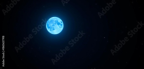 Stunning blue-hued full moon shines brightly in a dark, star-filled night sky, evoking rarity and celestial wonder,  quiet,  infrequent