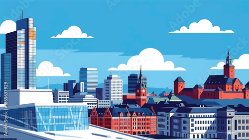 Oslo city postcard vector illustration with fjord and modern skyline in flat solid colors, minimalist Scandinavian travel poster style for tourism and wall decor