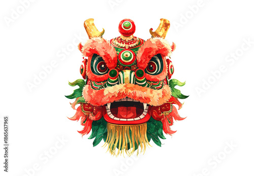Vibrant Red Chinese Lion Dance Vector Art, Festive Barongsai Mascot for Lunar New Year