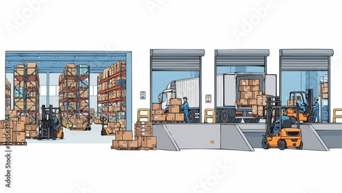 Warehouse loading docks with forklifts and stacked cargo boxes.