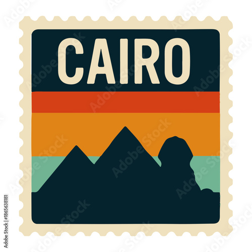 Vibrant Cairo travel stamp with pyramid silhouette at sunset