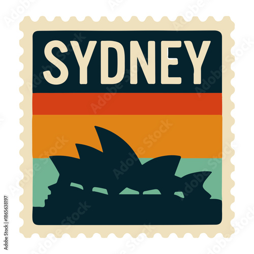 Vibrant Sydney stamp with iconic Opera House silhouette at sunset