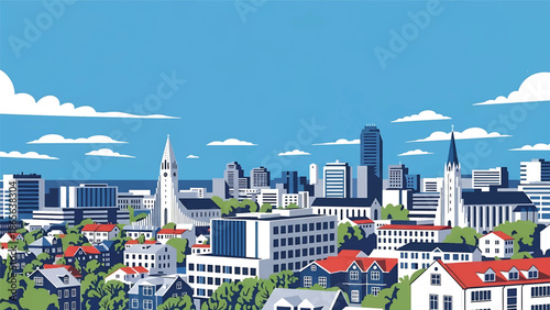 Reykjavik city postcard vector illustration with colorful buildings and natural surroundings in flat solid colors, unique travel poster style for tourism and wall decor