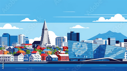 Reykjavik city postcard vector illustration with colorful buildings and natural surroundings in flat solid colors, unique travel poster style for tourism and wall decor