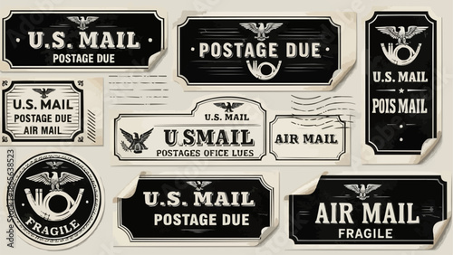 Collection of Vintage US Mail Postage Due and Air Mail Labels.